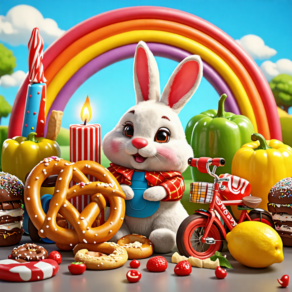 bunny, pretzel, igloo, bicycle, candle, rainbow, clown, lemon, bell pepper, chocolate